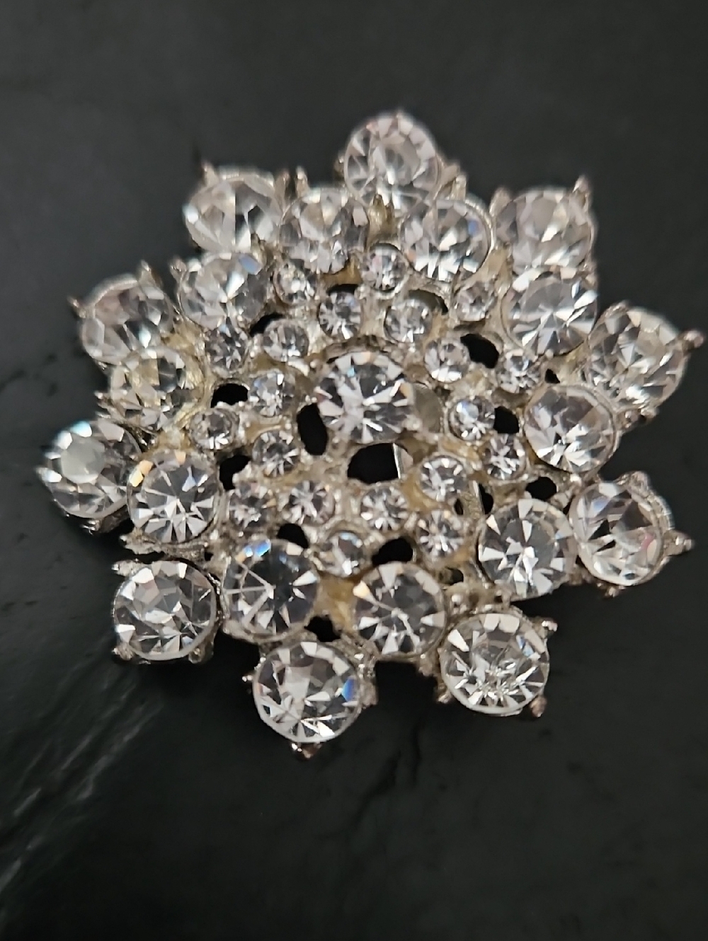 Vintage Crystal Cluster Brooch  Clear Rhinestone Flower Burst Silver Tone